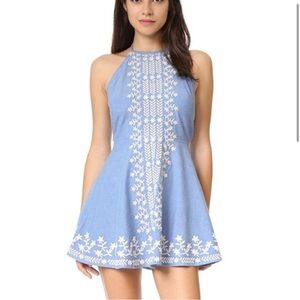 Tularosa Blue and White Embroidered Halter Dress